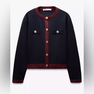 Zara Navy and Bordeaux Knit Sweater and Mini Skirt